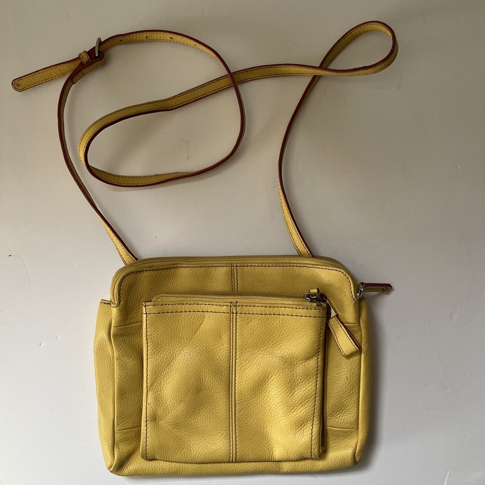 Tignanello Yellow Leather Multi-Pocket Crossbody Bag Purse with Adjustable Strap